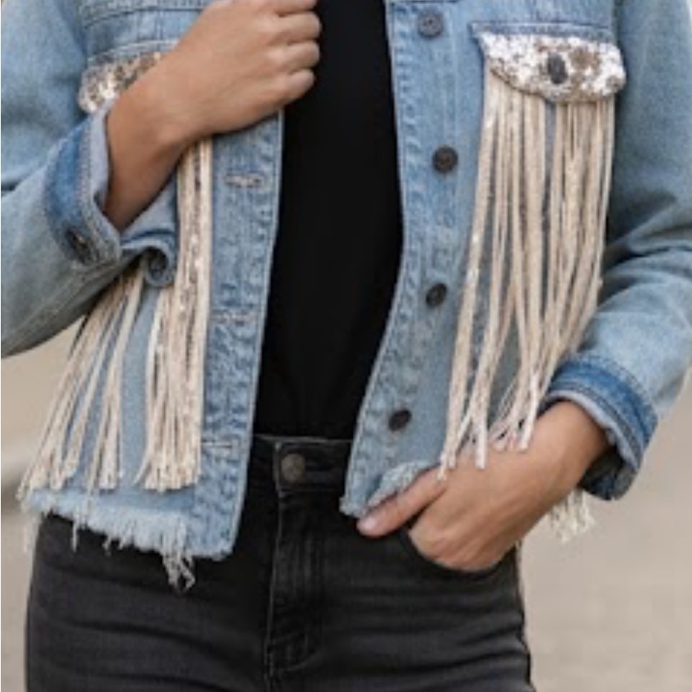 Hidden Women's Blue Jean Jacket with Fringe and sequins. - Picture 3 of 9